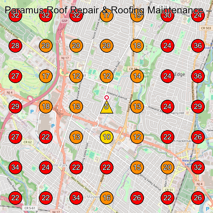 Paramus Roof Repair & Roofing Maintenance GeoGrid visibility map for Roofing Contractor in Hackensack
